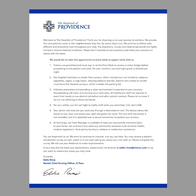 The Hospitals of Providence Inpatient Letter